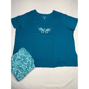 Dreams Co 2X Teal Butterfly Embroidered V Neck Top & Paisley Capri Pajama Set